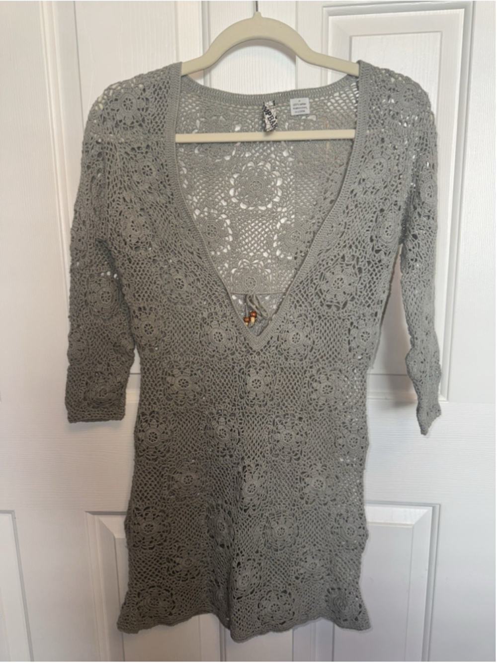 Vintage Y2K Sage Gray Crochet Mini Dress M 100% Cotton Boho Festival Open Knit